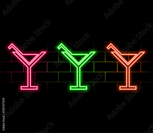 Cheers toast. Neon cocktail. Fashion sign. Night light signboard, Glowing banner. Summer emblem. Club Bar logo on dark background. Alcohol drink with an umbrella in a glass..2