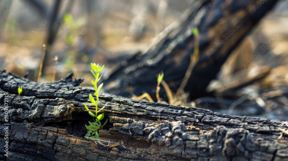 Fototapeta premium Green shoots emerge beside a charred log, symbolizing nature's resilience after fire