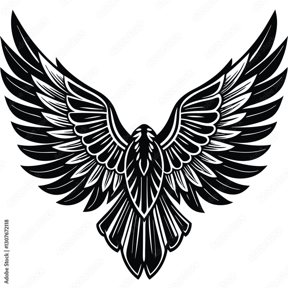 Obraz premium Bold Black and White Eagle Line Art - Vector Illustration, Flying Hawk Tattoo Design - Monochrome Digital Artwork,bird's wing