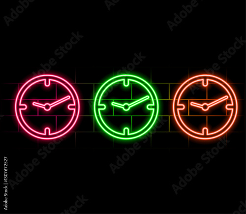 Light glowing clock icon. Neon time symbol, shining watch silhouette, laser fluorescent clock, vector illustration.2