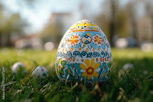 Ornate Easter Egg Celebration on Green Grass Displaying Traditional Symbols and Festive Ornamentation
