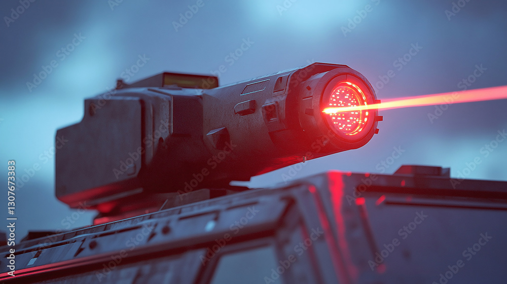 Fototapeta premium Detailed close up view of an advanced anti drone laser defense system mounted on top of an armored military vehicle