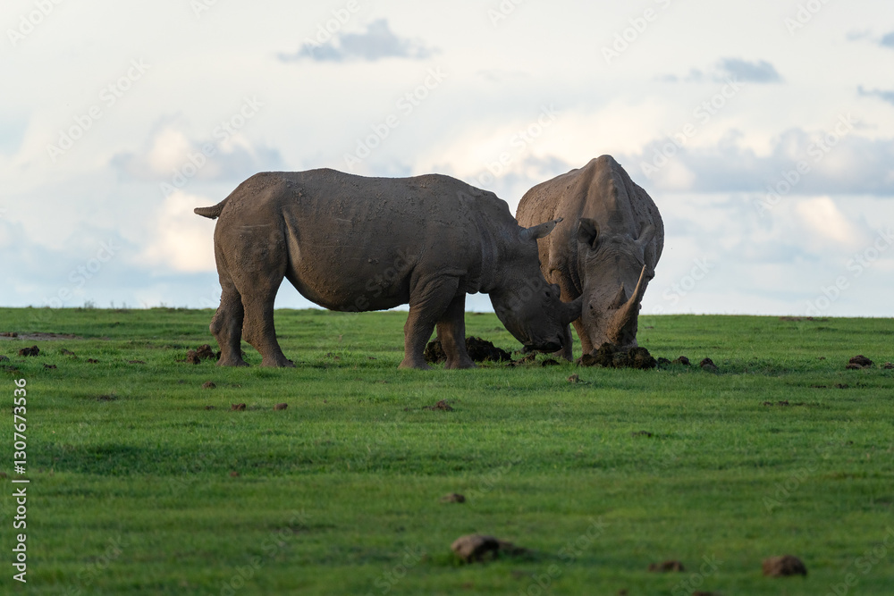 Obraz premium Two southern white rhinoceroses, Rhinos graze peacefully on the lush grassland of Ol Pejeta Conservancy in Kenya.