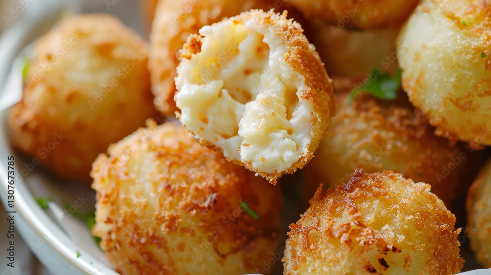 Close-up of croquettes, highlighting the golden crispy exterior and creamy or meaty filling inside Close-up of croquettes, highlighting the golden crispy exterior and creamy or meaty filling inside