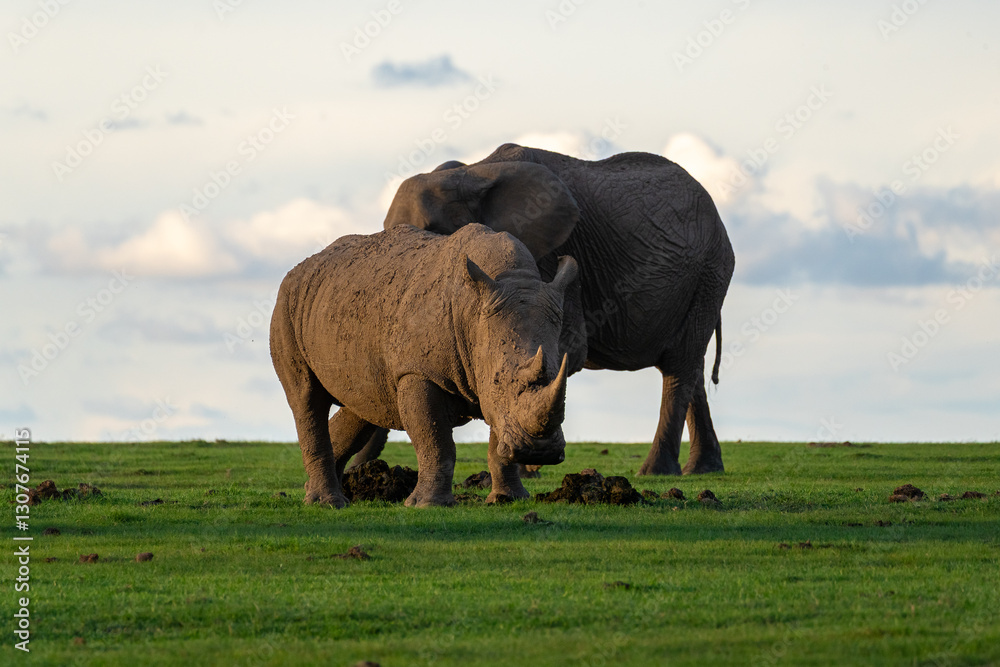 Fototapeta premium A rhinoceros and an elephant side by side on the grasslands at dusk. Ol Pejeta Conservancy, Kenya.
