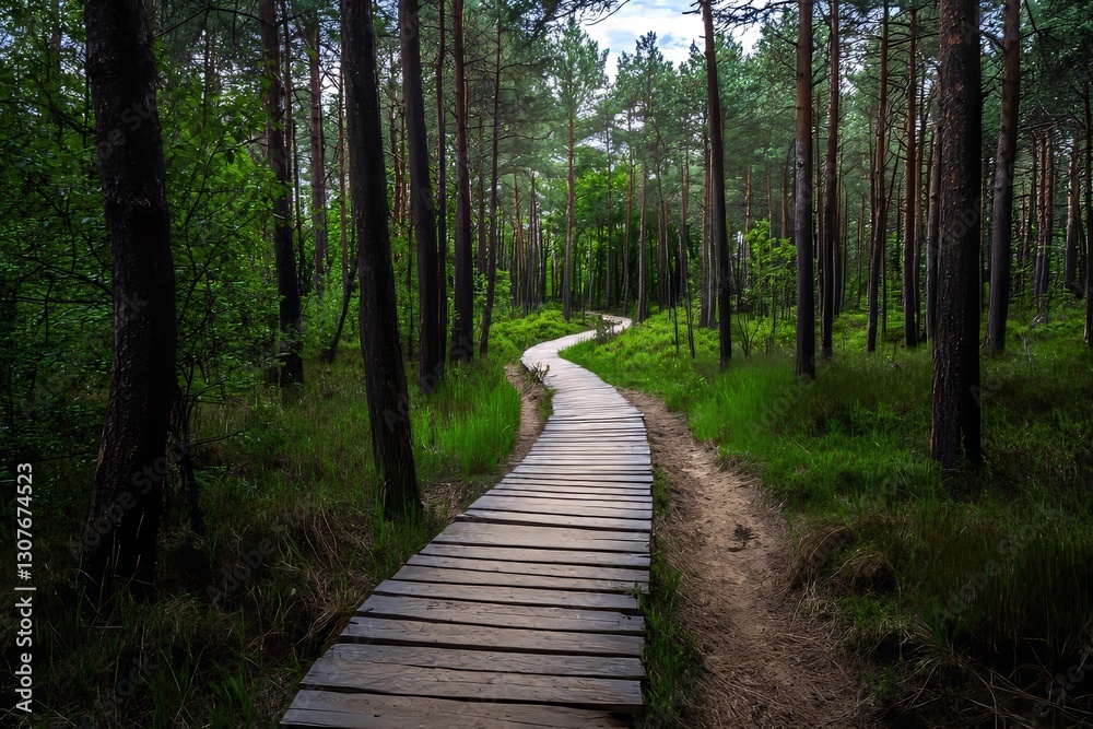 A winding wooden pathway weaves through a dark coniferous spruce forest in Komarovo, Russia, showcasing the area's ecological beauty within a national park A winding wooden pathway weaves through a dark coniferous spruce forest in Komarovo, Russia, showcasing the area's ecological beauty within a national park