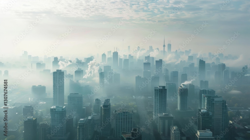 Majestic skyline emerges through fog in a vibrant city at dawn showcasing towering skyscrapers and urban landscape Majestic skyline emerges through fog in a vibrant city at dawn showcasing towering skyscrapers and urban landscape