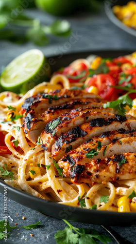 Vertical close-up of Mexican Influence Fettuccine Alfredo with spicy chipotle cream sauce, grilled chicken strips, roasted corn, diced tomatoes, fresh cilantro, and lime wedges in the background. photo