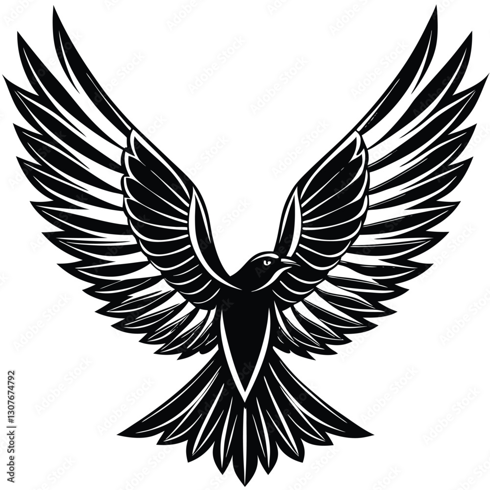 Obraz premium Bold Black and White Eagle Line Art - Vector Illustration, Flying Hawk Tattoo Design - Monochrome Digital Artwork,bird's wing