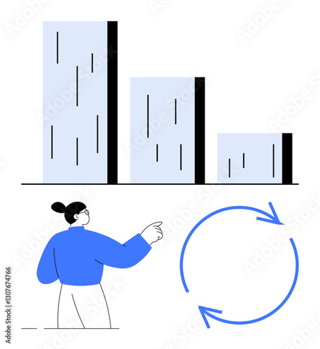 Bar chart indicating progress, woman pointing at data, circular arrows symbolizing repetition or cycle. Ideal for business growth, strategy, process, analytics, sustainability, workflow improvement