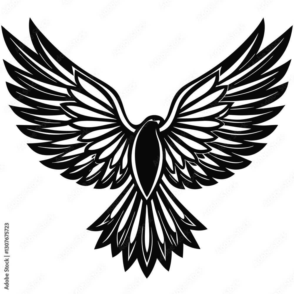 Naklejka premium Bold Black and White Eagle Line Art - Vector Illustration, Flying Hawk Tattoo Design - Monochrome Digital Artwork,bird's wing