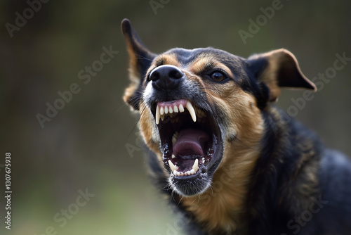 dog with its mouth open and teeth bared, showing its teeth. The dog appears to be angry or aggressive