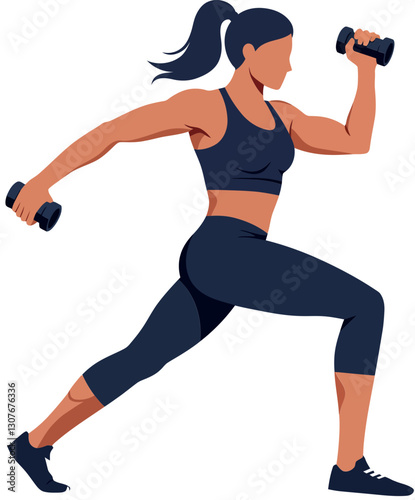 Dynamic woman exercising with dumbbells in sporty attire, flat vector illustration