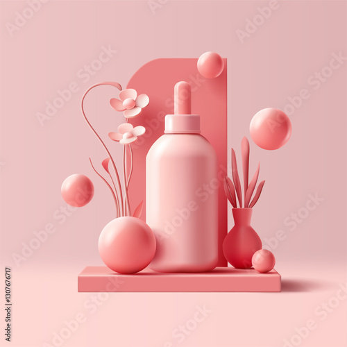 3D pink cosmetic bottle on podium, flowers, potted plant. For body care advertising concepts. Modern beautiful banner for cosmetic product promotion. Vector