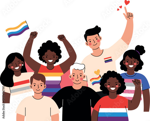 Group of diverse people celebrating pride with rainbow flags in a flat vector illustration