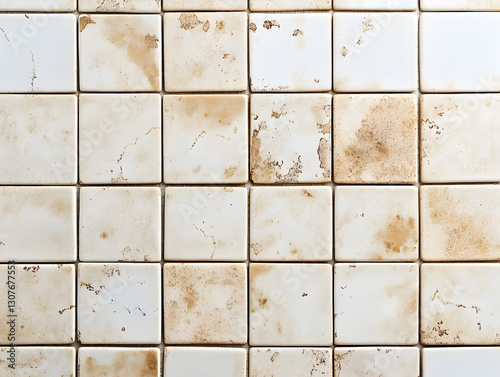 Grimy and stained ceramic tiles on a surface showing wear and age in a close-up view