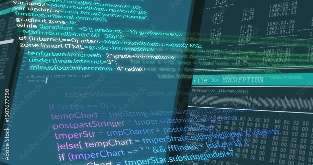 Animation of computer code and encryption data overlaying digital screen interface