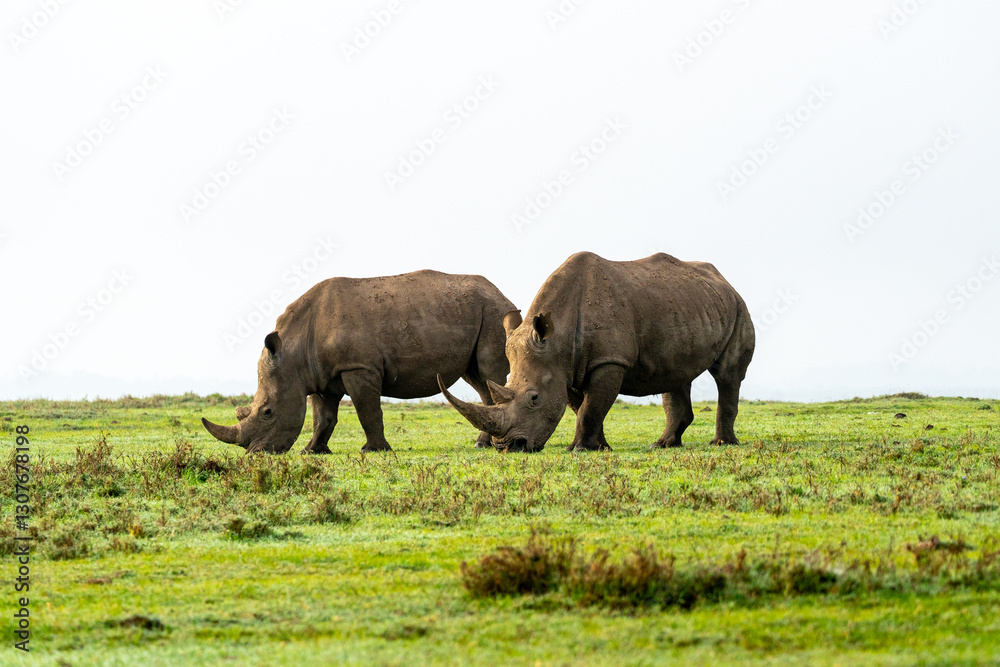 Fototapeta premium Southern White Rhinos walking and grazing on grass, Ol Pejeta Conservancy, Kenya. 