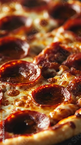 Delicious close-up of pepperoni pizza with melted cheese and crispy crust on a wooden surface