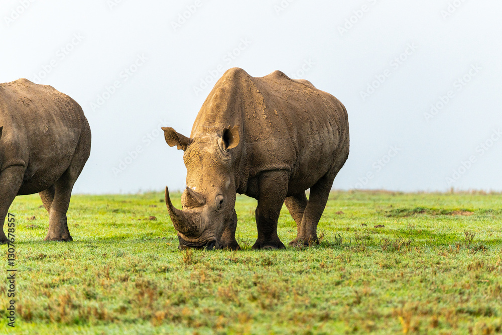 Obraz premium Southern White Rhinos walking and grazing on grass, Ol Pejeta Conservancy, Kenya. 