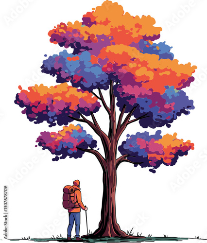A hiker admiring a vibrant autumn tree in a colorful flat vector illustration