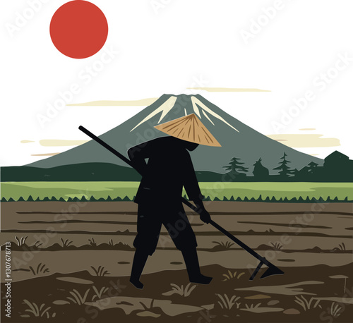 A farmer working in a field with a hoe under a large red sun and mountains in flat vector art
