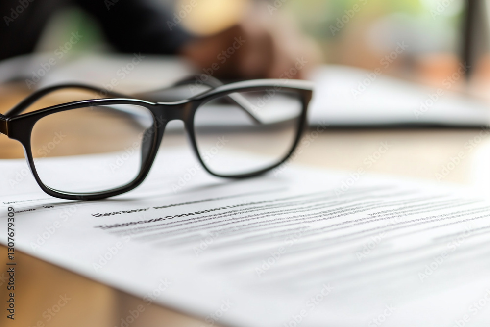 pair of glasses is on top of a piece of paper. The glasses are black and the paper is white