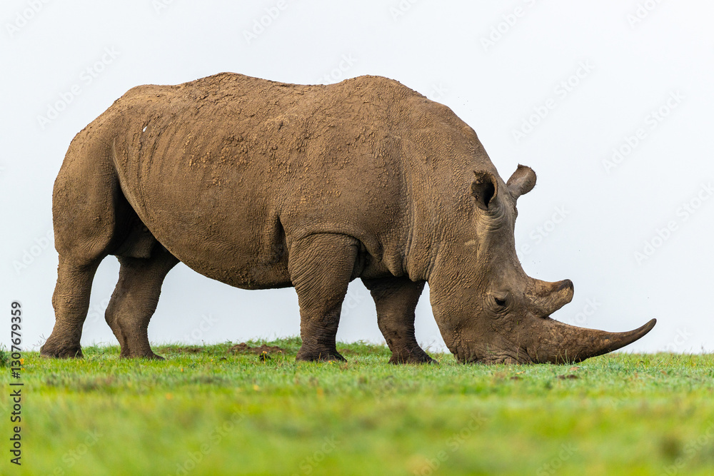 Southern White Rhino walking and grazing on grass, Ol Pejeta Conservancy, Kenya. Southern White Rhino walking and grazing on grass, Ol Pejeta Conservancy, Kenya.
