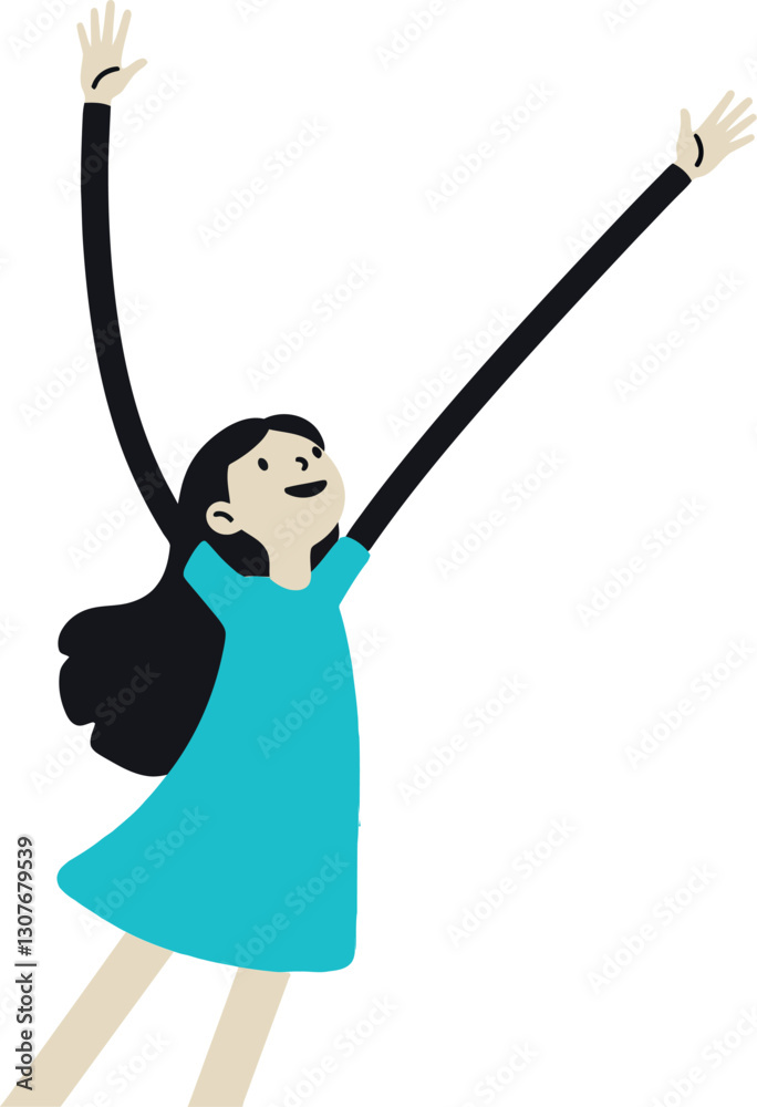A joyful girl in a blue dress with raised arms expressing happiness in a minimal vector illustration A joyful girl in a blue dress with raised arms expressing happiness in a minimal vector illustration