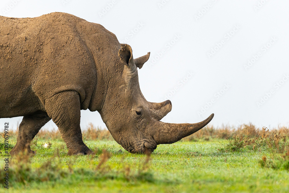 Fototapeta premium Southern White Rhino walking and grazing on grass, Ol Pejeta Conservancy, Kenya. 