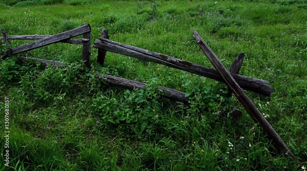 Fototapeta premium The camera zooms in for an extreme close-up of a rustic wooden fence set amidst a prairie planting