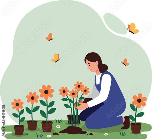 Woman planting flowers in a garden with butterflies, minimalistic design, joyful atmosphere, vector illustration