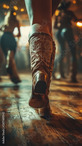 Country dance night with cowboy boots and lively atmosphere at a rustic venue