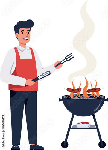 A cheerful man grilling meat over a barbecue in a flat vector illustration style