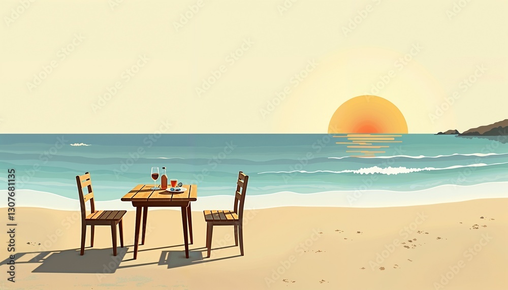 Fototapeta premium Romantic seaside dining setup at sunset illustration