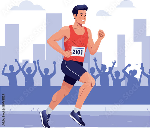 Runner in red tank top and shorts sprinting joyfully through a cheering crowd in flat vector art