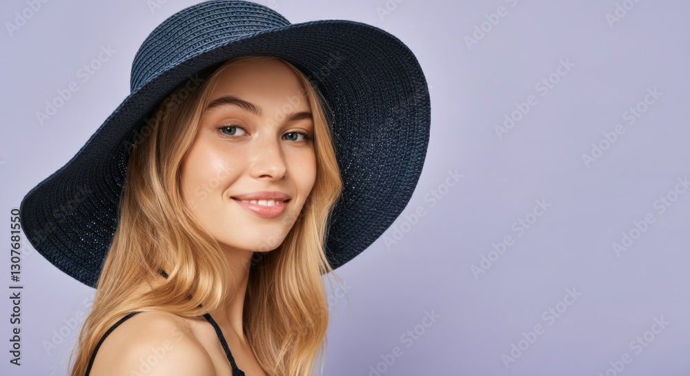Young caucasian female smiling wearing blue hat against lavender background Young caucasian female smiling wearing blue hat against lavender background