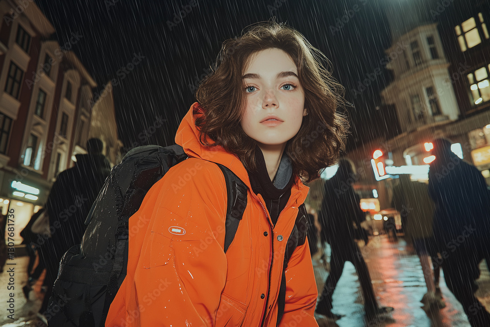 Adventurous girl in orange jacket walking in rain at night, surrounded by blurred pedestrians. urban setting creates vibrant atmosphere Adventurous girl in orange jacket walking in rain at night, surrounded by blurred pedestrians. urban setting creates vibrant atmosphere