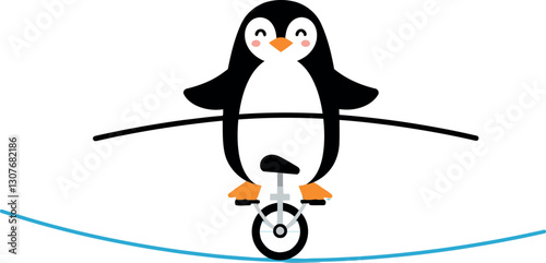 Penguin balancing on a unicycle with a cheerful expression in a minimal vector illustration