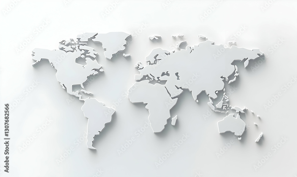 3D White World Map on Light Background for Global Representation 3D White World Map on Light Background for Global Representation