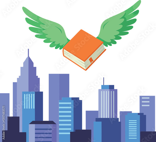 Flying book with green wings soaring above a modern city skyline in flat vector art