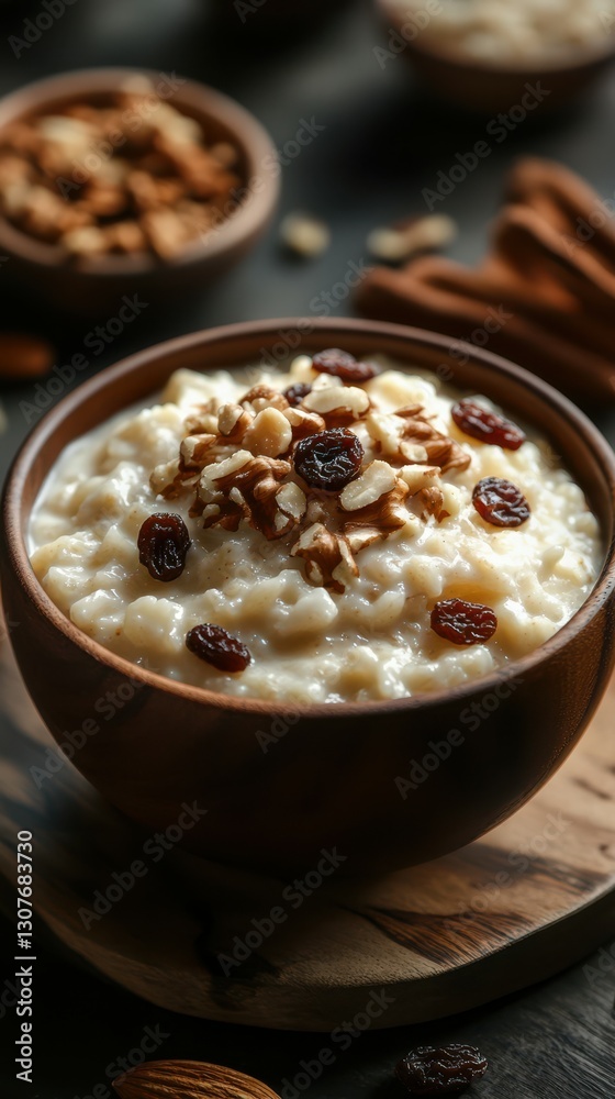 Creamy rice pudding topped with nuts and raisins served in a wooden bowl on a rustic table Creamy rice pudding topped with nuts and raisins served in a wooden bowl on a rustic table