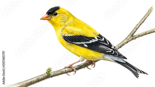 American Goldfinch Perched on Branch Digital Painting, Isolated on Transparent Background, Bird Illustration, Goldfinch, Bird, Illustration