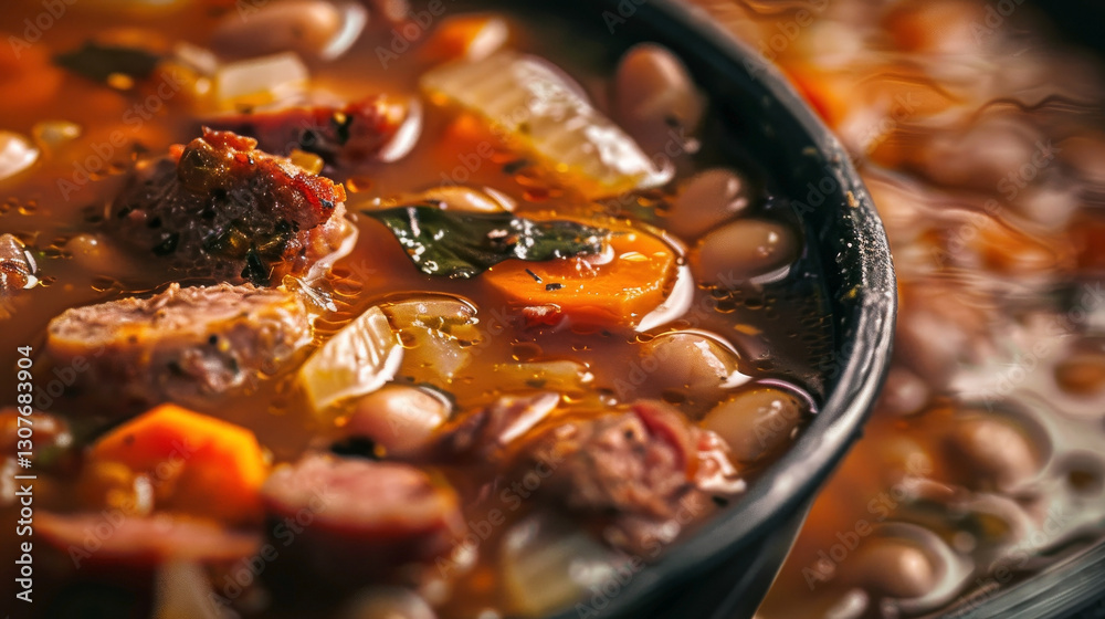Close-up of Bob Chorba, hearty bean soup with smoked sausage, pork, beans, and vegetables Close-up of Bob Chorba, hearty bean soup with smoked sausage, pork, beans, and vegetables