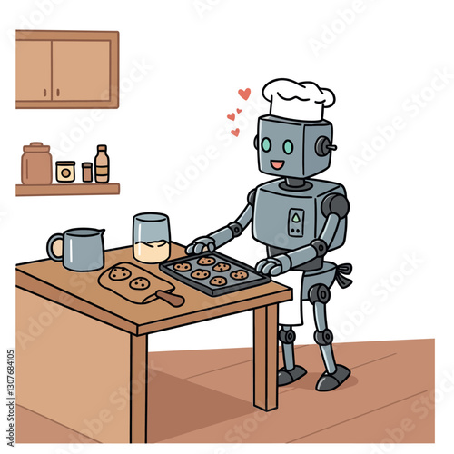 Robot chef baking cookies in a cozy kitchen with cheerful details in flat vector art