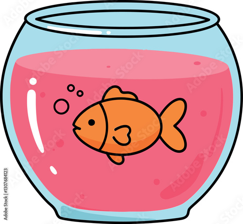 A cheerful orange goldfish swimming in a round glass bowl filled with pink water vector illustration