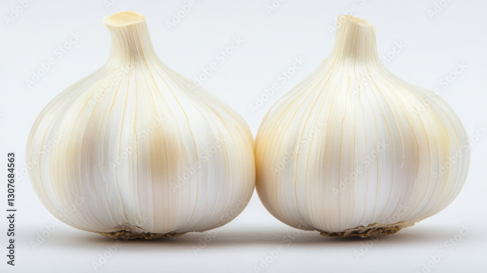 Obraz premium Garlic bulbs revealing intricate surface details, crisp white background highlighting natural contours and delicate textural patterns