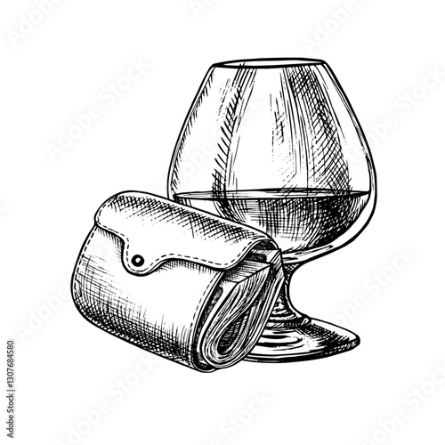 A glass of cognac and a purse full of money. A vector graphic illustration made by hand. Black and white vintage-style image with a male theme and a theme of alcoholism. For banners, flyers, posters.