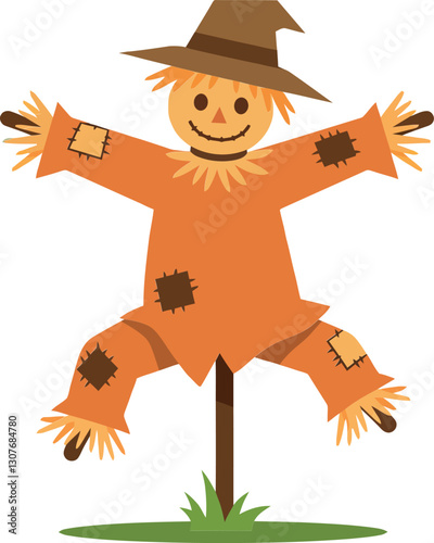 Cheerful scarecrow with a straw hat and patched clothing in a minimal vector illustration