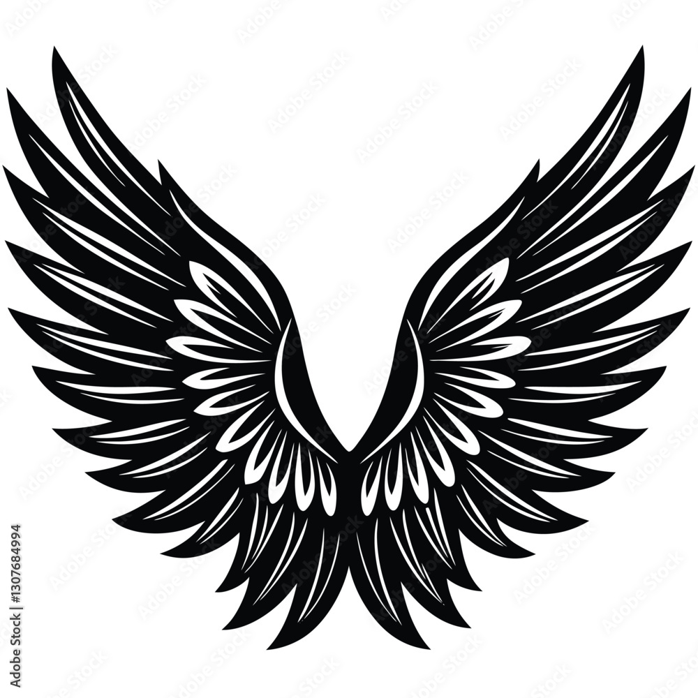 Fototapeta premium Bold Black and White Eagle Line Art - Vector Illustration, Flying Hawk Tattoo Design - Monochrome Digital Artwork,bird's wing